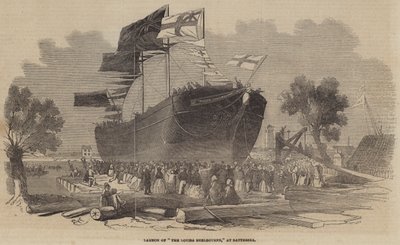 Lancering van de Louisa Shelbourne, in Battersea door Edwin Weedon